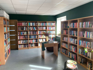 Plaša istaba ar tumši zaļām sienām un gaišu grīdu. Gar sienām izvietoti vairāki koka grāmatu plaukti, piepildīti ar dažādu krāsu un izmēru grāmatām. Telpas vidū – galds ar ziediem un grāmatu kaudzēm. No loga ienāk spilgta saules gaisma.