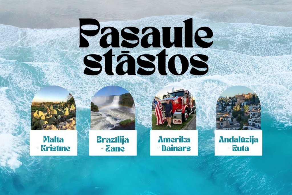 Afiša zilganos toņos ar jūras viļņu fonu un lielu virsrakstu “Pasaule stāstos”. Zem virsraksta attēlotas četras apaļas fotogrāfijas ar ceļojumu galamērķiem un uzrakstiem: Malta – Kristīne, Brazīlija – Zane, Amerika – Dainars, Andalūzija – Ruta. Attēls aicina uz ceļojumu stāstu pasākumu.