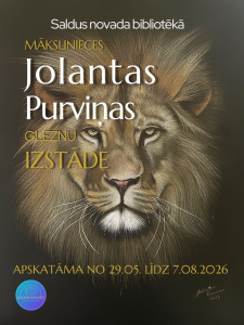Plakāts ar detalizētu lauvas portretu tumšā fonā. Tajā paziņota mākslinieces Jolantas Purviņas gleznu izstāde Saldus novada bibliotēkā, apskatāma no 29. maija līdz 7. augustam 2026.
