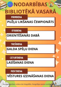 Krāsains plakāts ar virsrakstu “Nodarbības bibliotēkā vasarā”, kurā uzskaitītas aktivitātes katrai nedēļas dienai: pirmdien – pužļu likšanas čempionāts, otrdien – orientēšanās dabā, trešdien – galda spēļu diena, ceturtdien – lasīšanas diena, piektdien – vēstures izzināšanas diena. Fons dekorēts ar grāmatu ilustrācijām un bibliotēkas logotipiem.