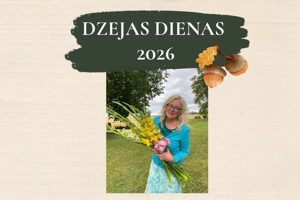 Dzejas dienu 2026 vizuālais noformējums ar fotogrāfiju, kurā redzama persona ar ziedu pušķi brīvā dabā. Attēlā iekļauts uzraksts: “Tikšanās un dzejas darbnīca ar Ievu Samausku” un pasākuma tēma “Un vārds tapa dzejolis”. Noformējumā izmantoti gaiši, papīram līdzīgi toņi un ozolzīļu grafiskie elementi.