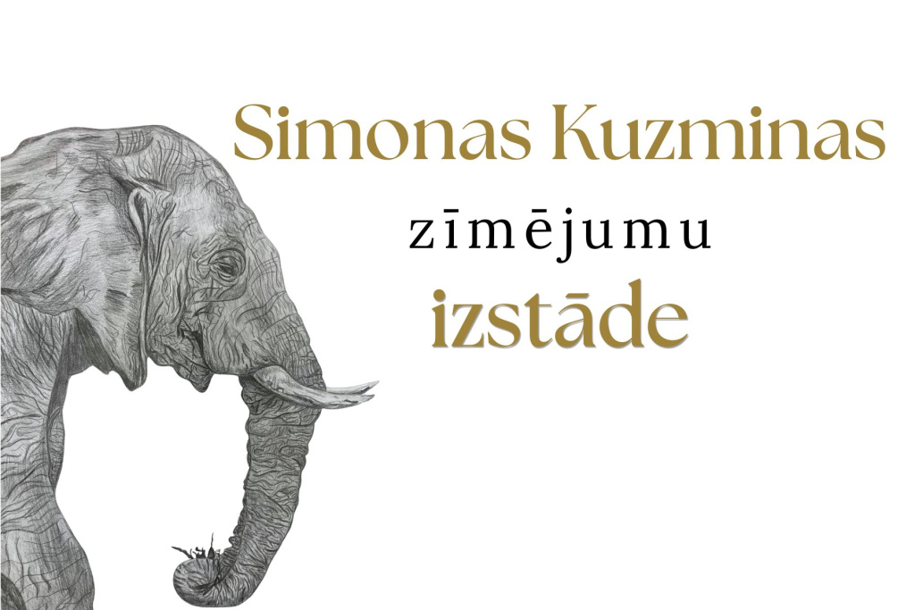 Mājaslapas banneris ar pelēku fonu un lielu ziloņa zīmējumu kreisajā pusē. Virsū teksts: “Simonas Kuzminas zīmējumu izstāde”. Banneris informē par mākslinieces zīmējumu izstādi Saldus novada bibliotēkā.