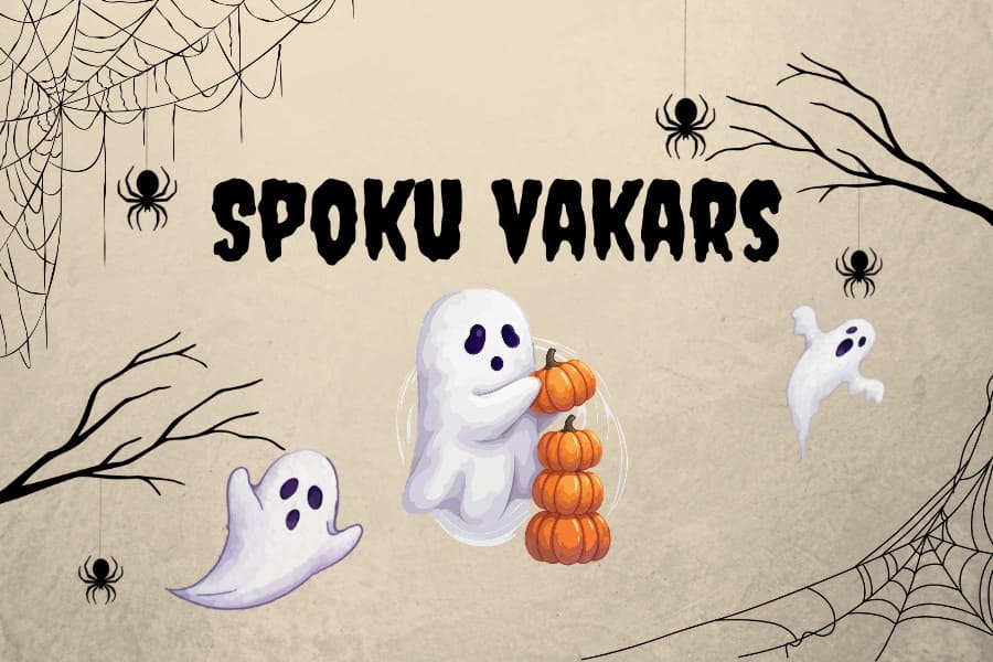 Spoku vakara afiša uz gaiša, nedaudz novecināta fona. Attēla centrā liels melns virsraksts “SPOKU VAKARS”. Zem virsraksta redzami trīs draudzīgi zīmēti spoki, no kuriem centrālais tur rokās oranžu ķirbju piramīdu. Stūros un malās izvietoti zirnekļu tīkli, melni zirnekļi un kailu koku zaru silueti, kas rada Helovīna noskaņu. Kopējais dizains ir rotaļīgs un piemērots bērniem, apvienojot viegli spocīgus elementus ar draudzīgu un jautru atmosfēru. 👻🎃