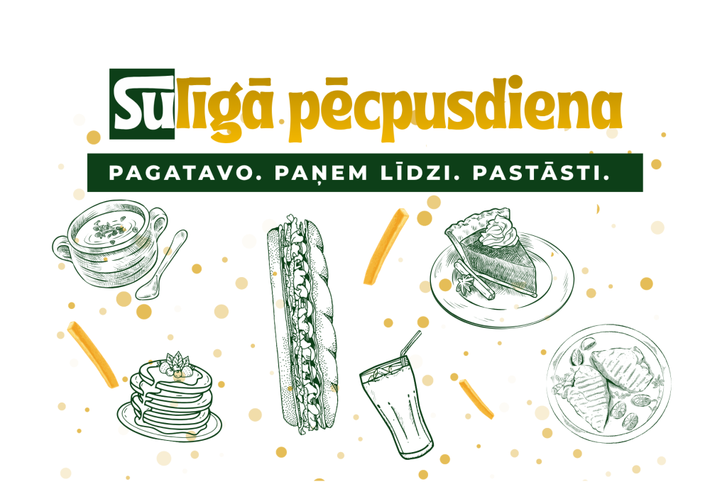 Afiša pasākumam “Sulīgā pēcpusdiena”. Uz gaiša fona redzams pasākuma nosaukums zaļā un dzeltenā krāsā, kā arī sauklis “Pagatavo. Paņem līdzi. Pastāsti.” Afišu rotā ilustrācijas ar dažādiem ēdieniem un dzērieniem: zupas bļoda, sviestmaize, kūkas gabals, pankūkas, kokteilis un pildīti plācenīši. Dizainā izmantoti zaļi un dzelteni dekoratīvi elementi, radot siltu un aicinošu noskaņu par kopīgu gardumu baudīšanu un dalīšanos ar receptēm.